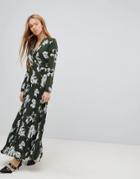 Liquorish Floral Print Maxi Dress With Pleated Skirt - Green