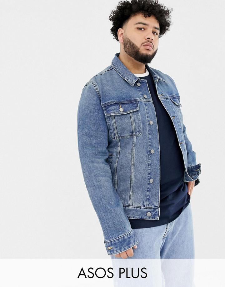 Asos Design Plus Skinny Western Denim Jacket In Mid Wash - Blue