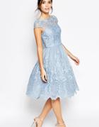 Chi Chi London Premium Lace Midi Prom Dress With Bardot Neck - Cornflower Blue