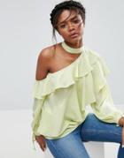 Asos Ruffle Blouse With Exposed Shoulder & Neck Band - Green