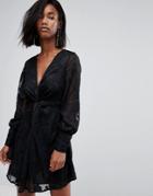 Boohoo Gathered Sleeve Twist Front Devore Dress - Black