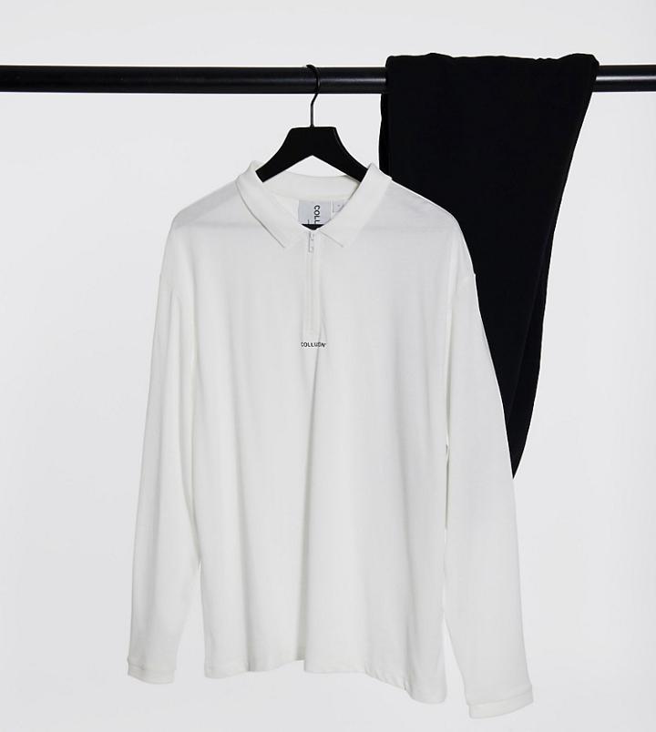 Collusion Oversized Long Sleeve Polo With Half Zip In Pique Fabric-white