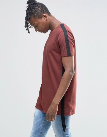 Asos Longline T-shirt With Contrast Taping In Chestnut - Red