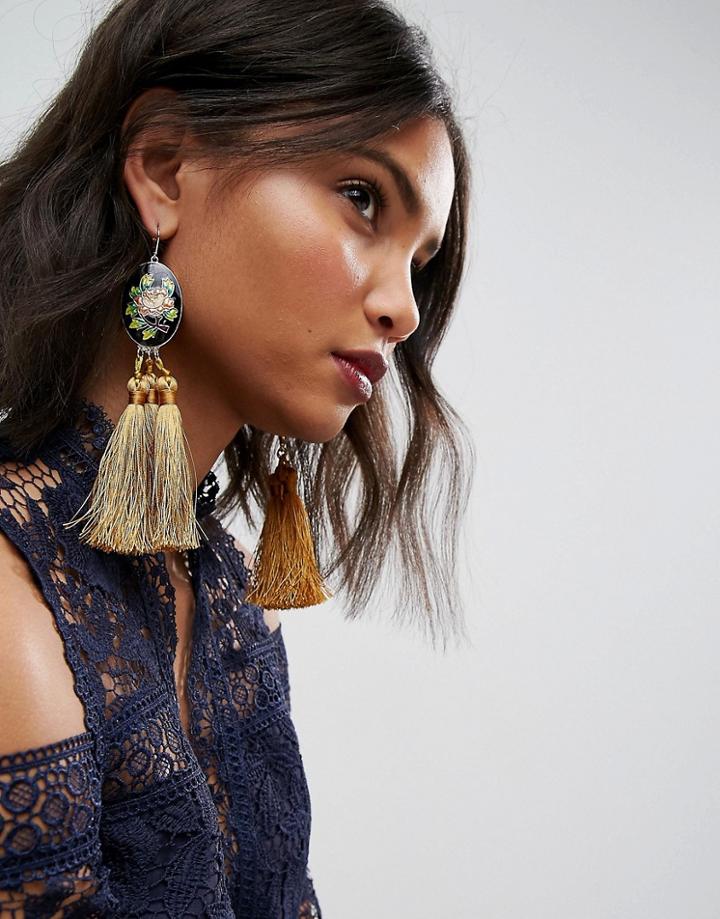 Asos Floral Triple Tassel Earrings - Yellow