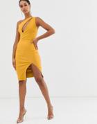 Vesper One Shoulder Midi Pencil Dress In Stretch With Split In Golden Yellow