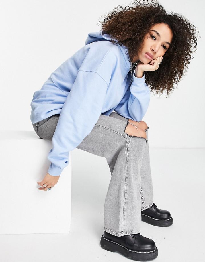 Topshop Brushed Rib Long Sleeve Hoodie In Blue