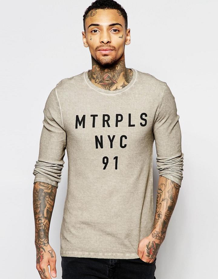 Asos Waffle Extreme Muscle Long Sleeve T-shirt With Nyc Print - Gray