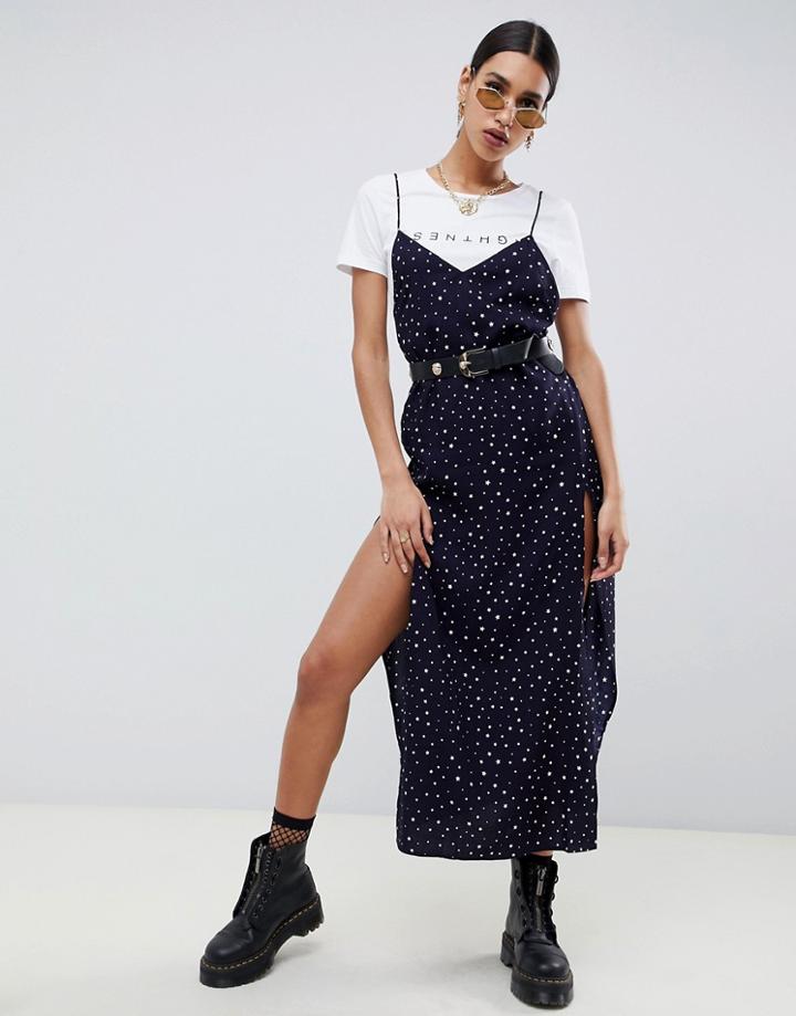 Motel Cami Maxi Dress With Low Back In Star Print - Navy