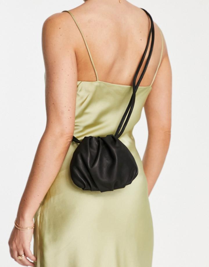 Topshop Leah Leather Drawstring Crossbody Bag In Black