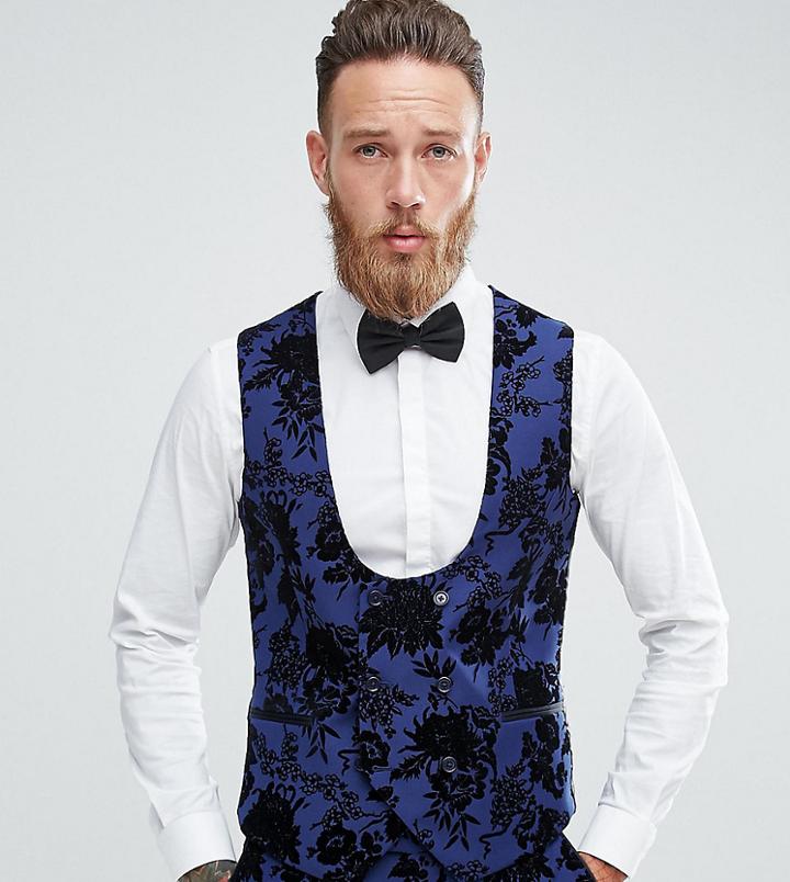 Noose & Monkey Wedding Super Skinny Suit Vest In Flocking - Blue
