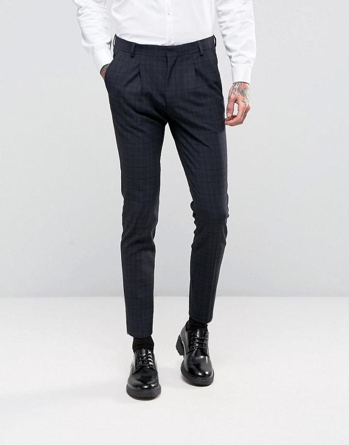 Asos Super Skinny Pants In Navy Tonal Check - Blue
