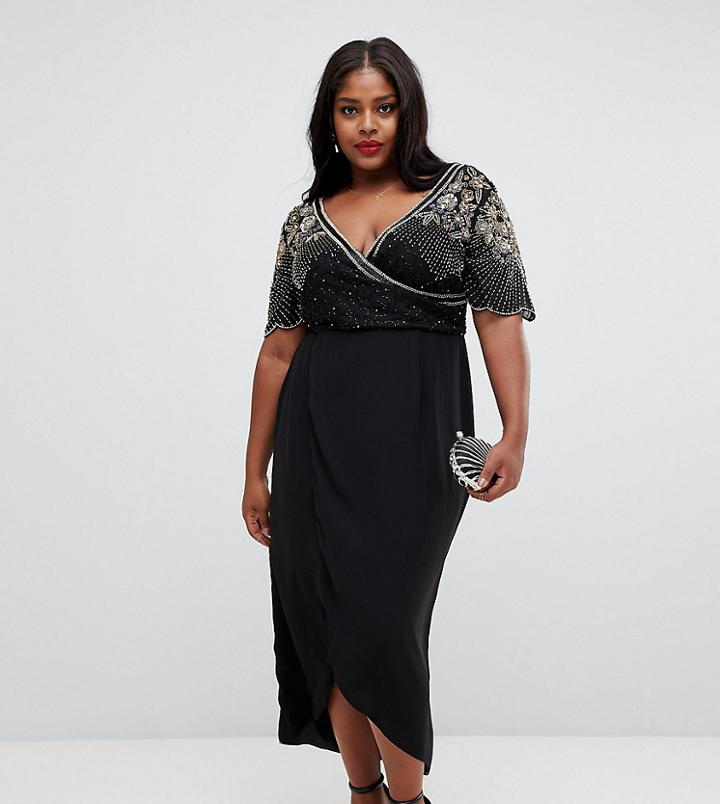Virgos Lounge Plus Julisa Embellished Wrap Midi Dress In Black - Black