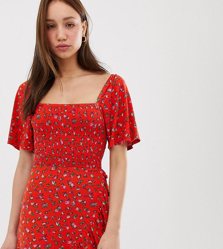 Asos Design Tall Floral Printed Shirred Sundress With Ruffle-multi