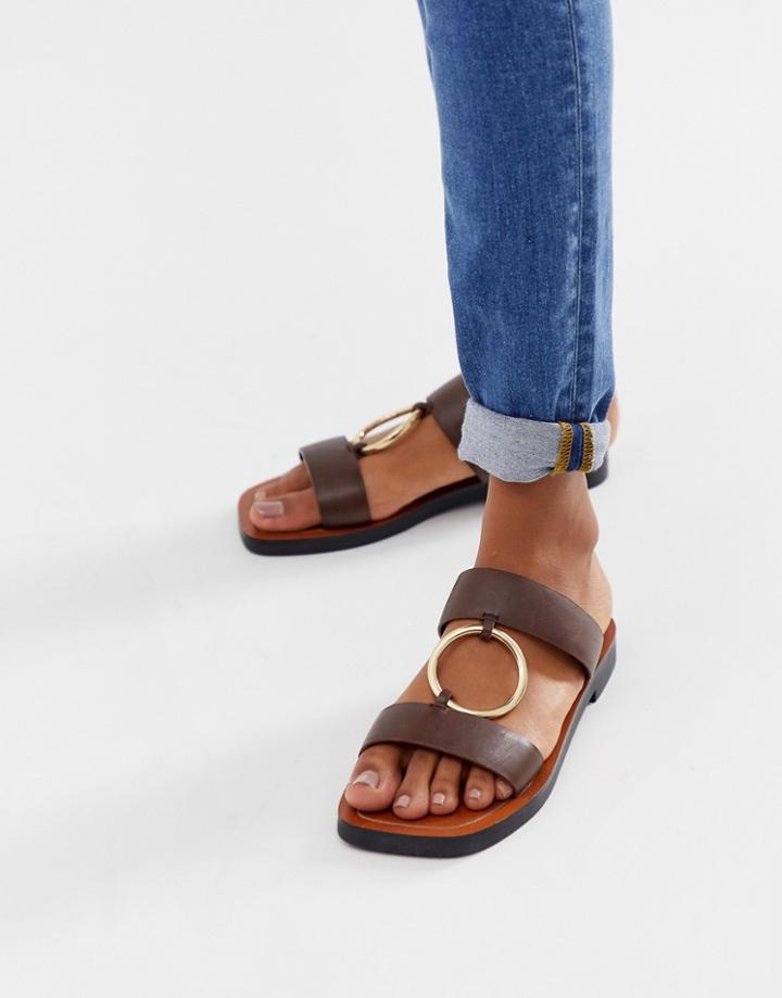 Asos Design Fresco Premium Leather Ring Detail Mules-brown
