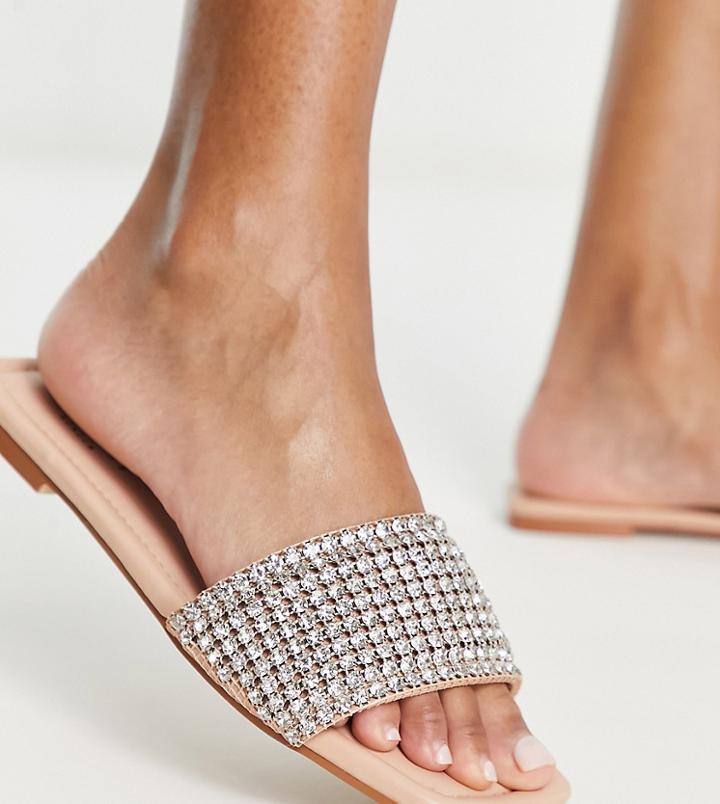 Simmi London Wide Fit Alianna Flat Sandals In Beige With Diamante Trim-neutral