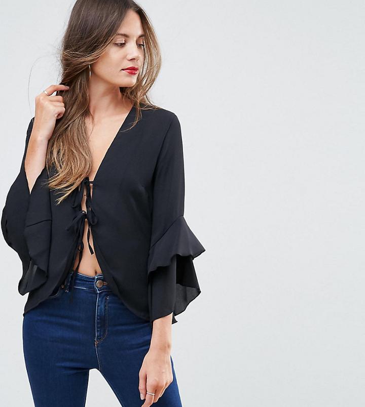 John Zack Tall Tie Front Blouse With Ruffle Sleeve - Black