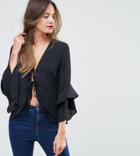 John Zack Tall Tie Front Blouse With Ruffle Sleeve - Black