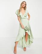 Topshop Bridesmaid Recycled Blend Satin Frill Wrap Dress In Sage-green
