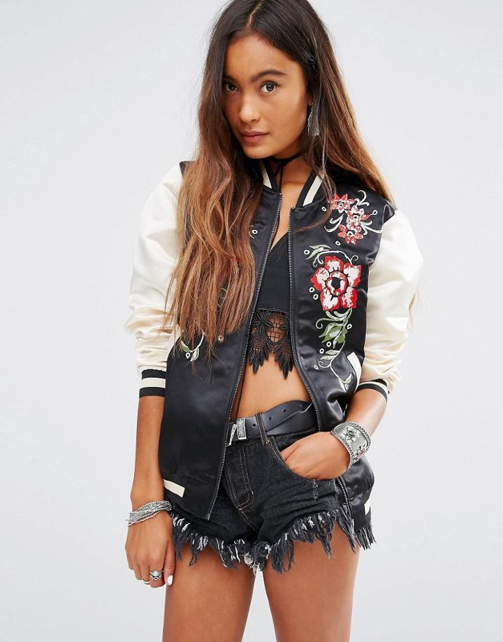 Young Bohemians Trophy Bomber Jacket With Floral Embroidery And Contrast Sleeves - Multi
