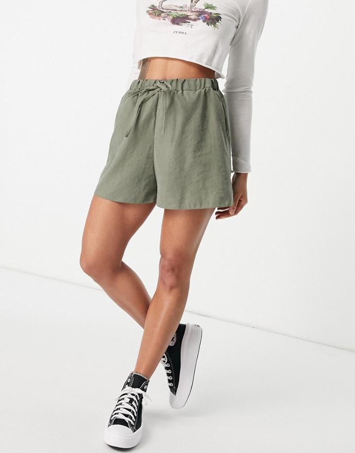 Asos Design Channel Tie Front Shorts In Khaki-green