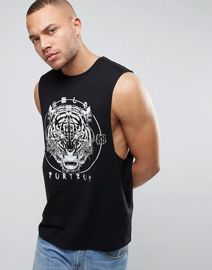 Asos Sleeveless T-shirt With Dropped Armhole And Tiger Print - Black