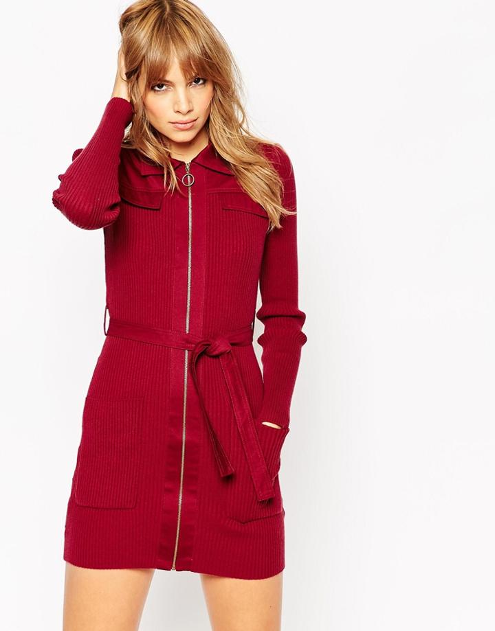 Asos Knit Shirt Dress With Woven Details And Zip Front - Dark Red