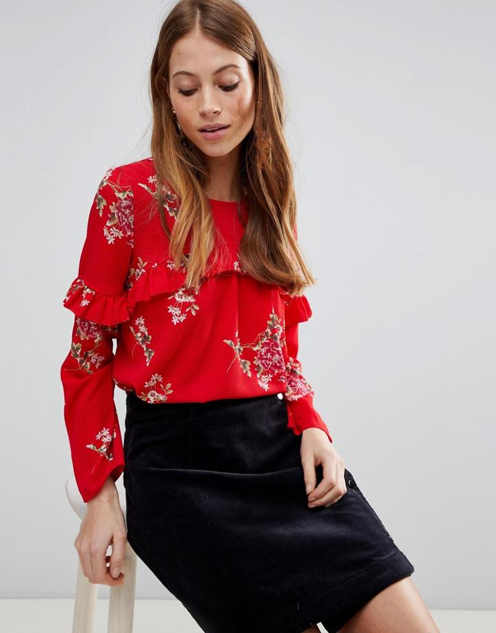 Qed London Long Sleeve Floral Top With Frill - Red