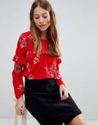 Qed London Long Sleeve Floral Top With Frill - Red