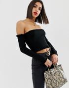 Asos Design Bardot Frill Edge Crop Knitted Top - Black