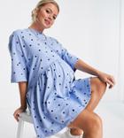 Asos Design Maternity Oversized Mini Smock Dress With Dropped Waist In Blue With Navy Spot-blues