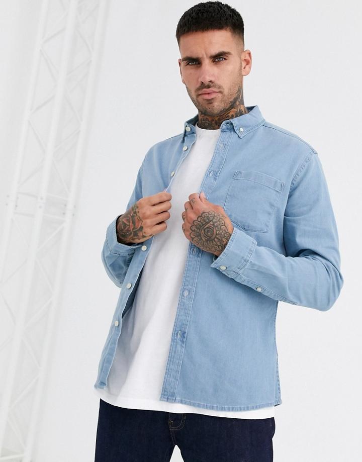 Asos Design Stretch Slim Organic Denim Shirt In Light Wash