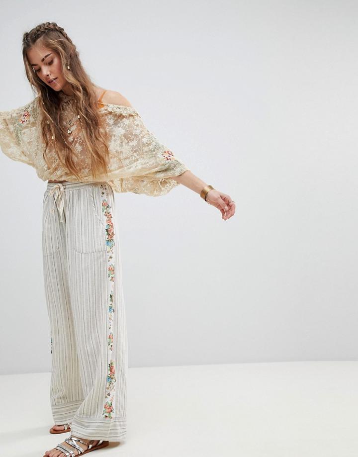Aratta Relaxed Pants In Fine Stripe With Beaded Floral Side Panel - Multi