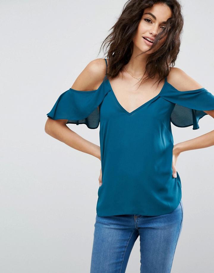 Asos Cold Shoulder Cami Top With Flutter Sleeve - Green