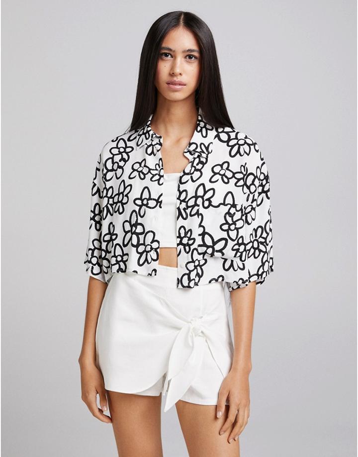 Bershka Scribble Retro Floral Short Sleeve Shirt In White
