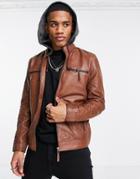Barneys Originals Leather Jacket With Jersey Hood In Cognac-brown