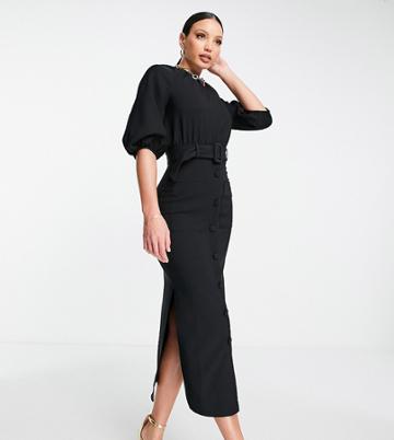 Asos Design Tall Puff Sleeve Button Through Belted Midi Dress In Black