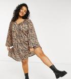 Asos Design Curve Mini Smock Dress With Long Sleeves And Tie Neck Detail In Animal Print-black