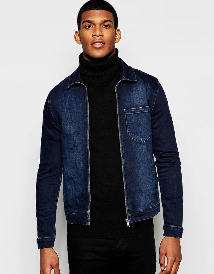 Asos Skinny Fit Zip Through Denim Jacket In Dark Indigo - Blue