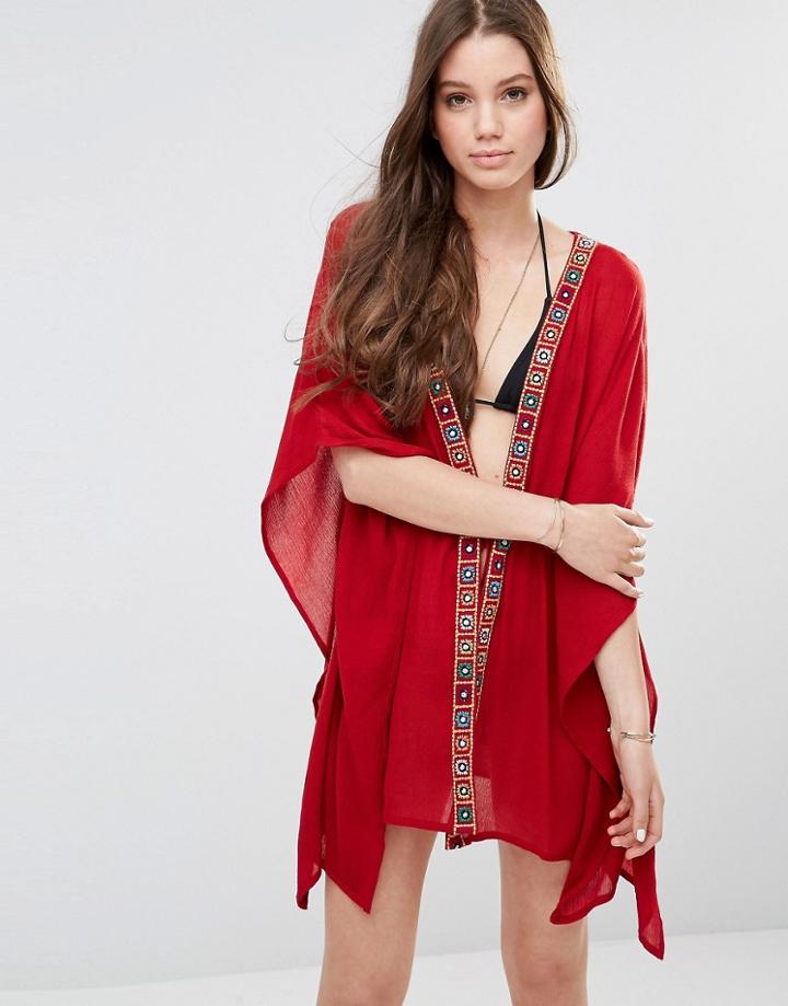 Anmol Tie Front Kimono With Mirror Embellished Panel - Burgundy