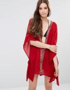 Anmol Tie Front Kimono With Mirror Embellished Panel - Burgundy