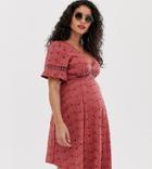Asos Design Maternity Broderie Tea Dress With Woven Ladder Trim-pink