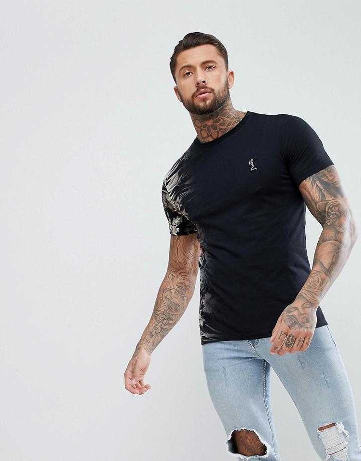 Religion T-shirt In Black With Hawaiian Floral Print Fade - Black