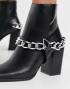 Truffle Collection Faux Leather Square Toe Heeled Boots In Black With Chain Detail