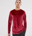 Asos Design Tall Muscle Longline Long Sleeve T-shirt In Velour With Curved Hem In Oxblood - Red