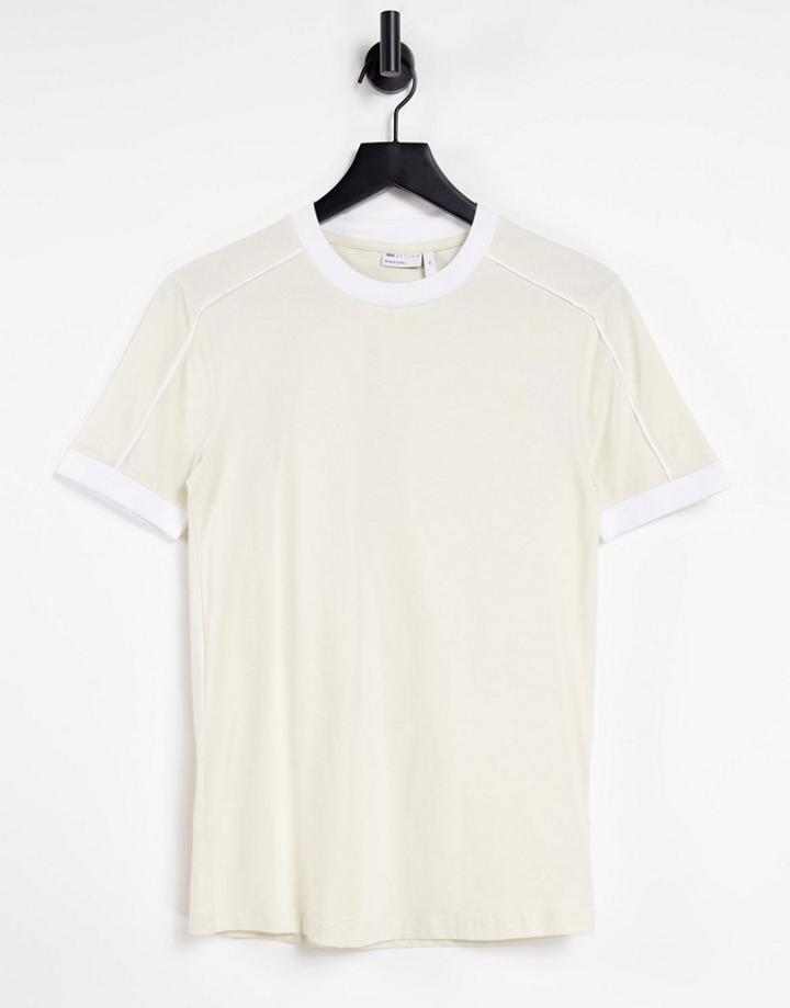Asos Design Muscle Fit Smart T-shirt With Tipping Detail In Beige-neutral