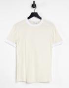 Asos Design Muscle Fit Smart T-shirt With Tipping Detail In Beige-neutral