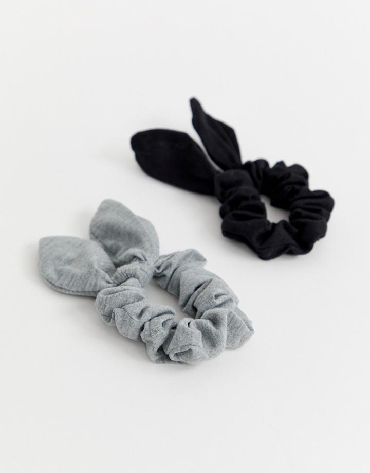 Asos Design Pack Of 2 Scrunchie Hair Ties With Bow Detail In Black And Gray - Multi