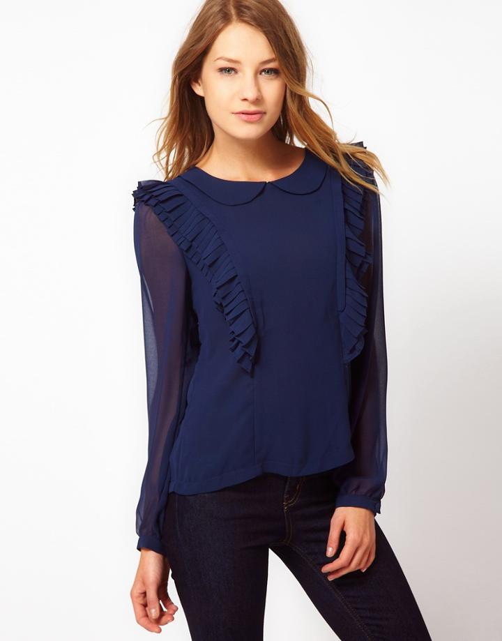 Max C Ruffle Detail Blouse - Navy