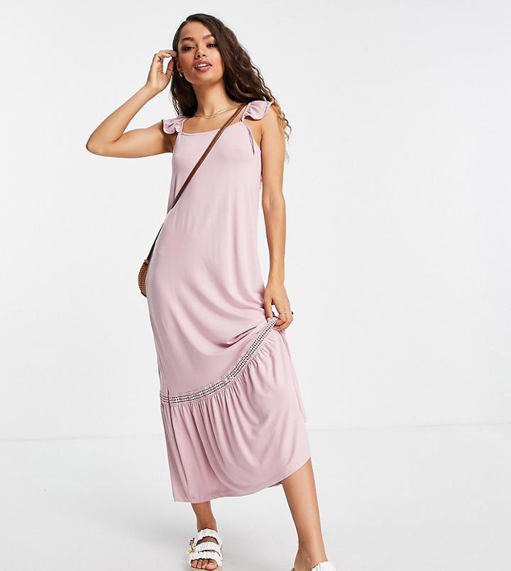Asos Design Petite Frill Sleeve Maxi Sundress With Lace Inserts In Rose-pink