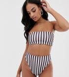 Missguided Bandeau Bikini Top In Brown Stripe - White